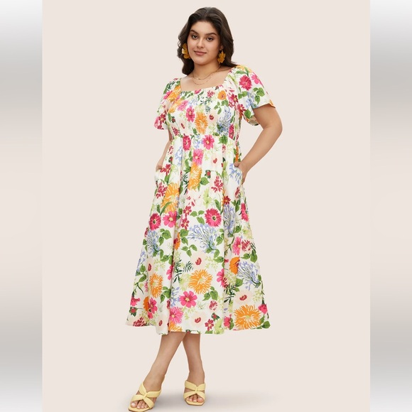 BloomChic Dresses & Skirts - Bloomchic Floral Backless Shirred Square Neck Pocket Ruffle Hem Dress